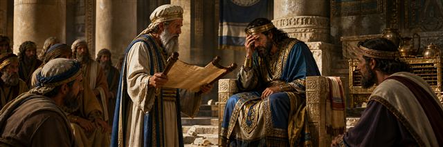 Priest Hilkiah holding the found Book of the Law as King Josiah tears his robe